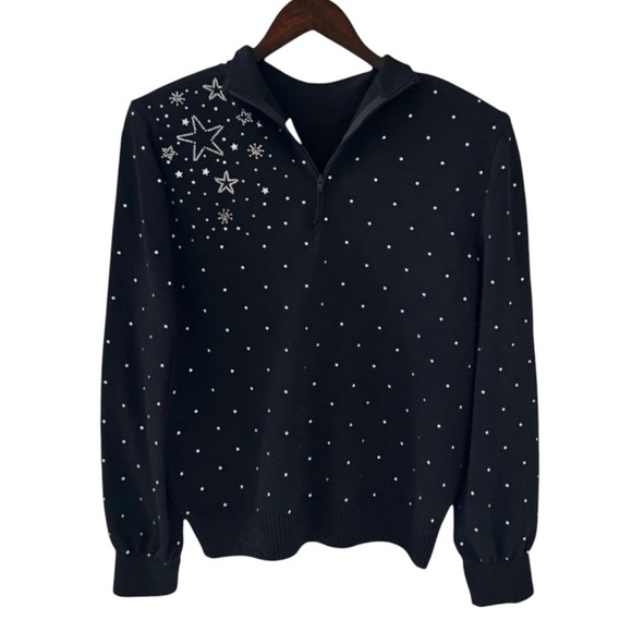 St. John Evening Black Long Sleeve Knit Sweater with Silver Stars Size Small - Picture 5 of 8